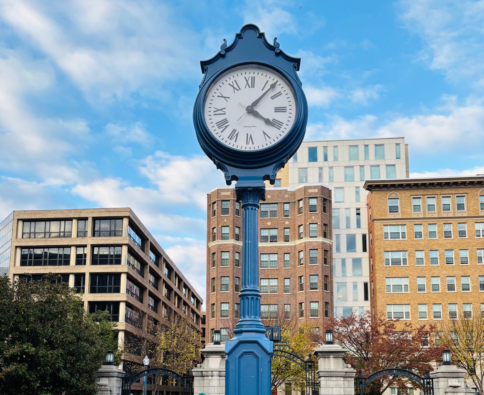 Blue street clock near GWU campus